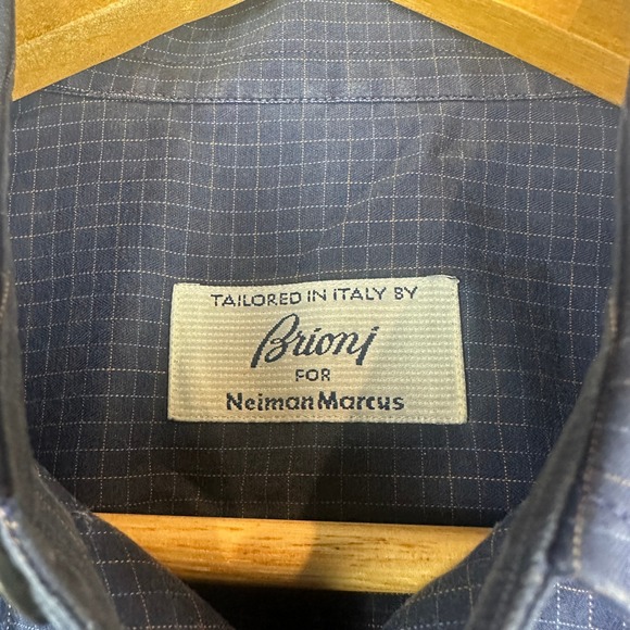 Brioni For Neiman Marcus Mens Navy Blue Check Dress Shirt Italy Cotton Medium - Picture 2 of 9